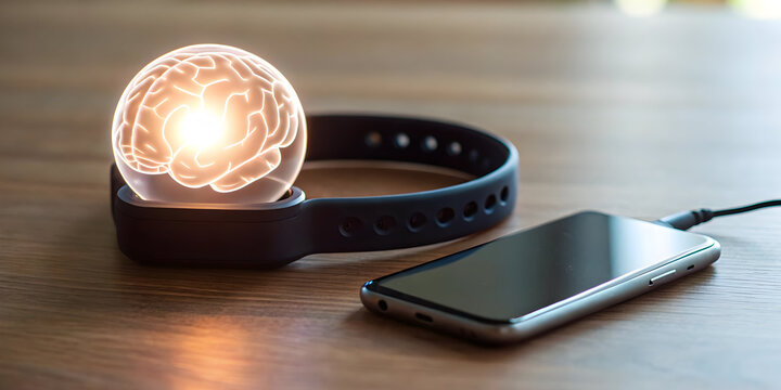 Fitness tracker syncing with glowing digital brain - Powered by Adobe
