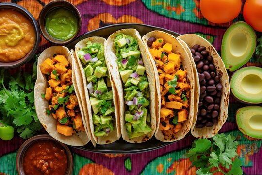 Colorful assortment of delicious tacos filled with fresh ingredients, served on a vibrant textile background, showcasing culinary artistry and vibrant flavors in a festive setting