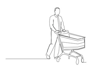 Continuous one line sketch art drawing of young happy man pushing shopping trolley cart, Monthly shopping in supermarket concept.

