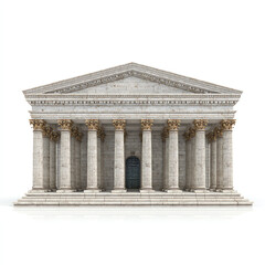Obraz premium Ancient classical temple with Corinthian columns and ornate capitals, featuring a triangular pediment and stone steps, isolated on a white background