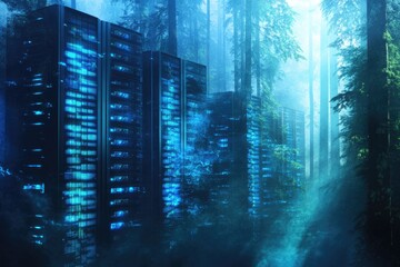 Obraz premium Glowing server racks stand mysteriously in a misty, dark forest, creating a surreal and technological juxtaposition.