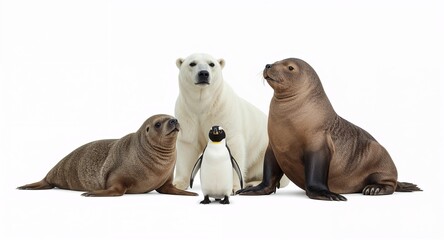 Obraz premium Group of arctic animals like polar bear seal walrus penguin on plain white background