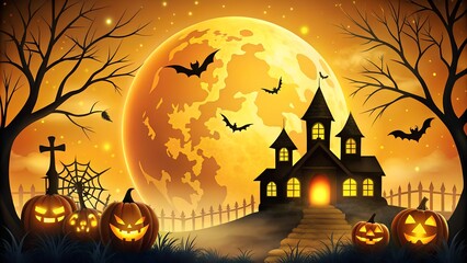 Spooky halloween night scene with haunted castle and jack o lanterns under a full moon