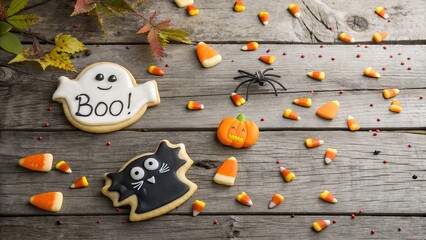 Spooky halloween treats including a ghost bat and pumpkin cookie with candy corn scattered