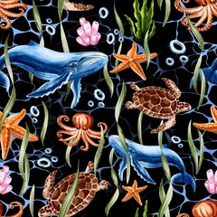 Marine world, marine animals on a black background, watercolor seamless pattern