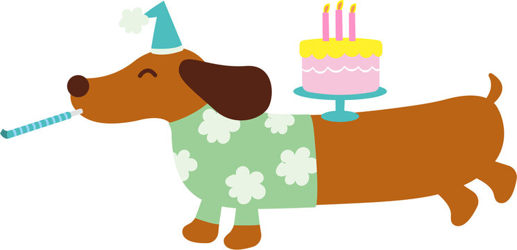 Birthday Dachshund Carrying Cake and Party Blower