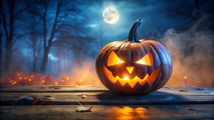 Spooky jack o lantern glows with fiery eyes on a foggy autumn night