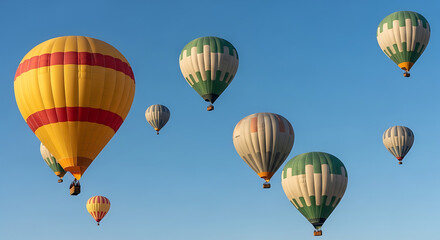 Obraz premium Several hot air balloons of varying colors and designs float in a clear blue sky, some appearing closer than others.