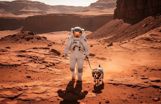 Astronaut walking on dusty red Martian surface with companion dog in suit beside, distant rocks and soft sky glow give the image cinematic solitude - Powered by Adobe
