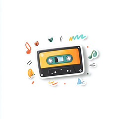 Hand‑Drawn Cassette Tape Sticker with Scribble Lines and Light Drop Shadow