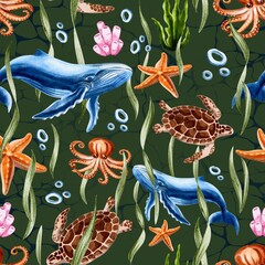Marine world, marine animals on a green background, watercolor seamless pattern