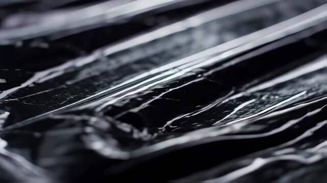 Abstract close-up of dark, glossy, folded material with parallel lines