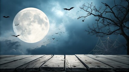 Eerie halloween night scene with full moon silhouetted bats and a wooden plank foreground