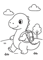 Coloring book dinosaur walking with a backpack.