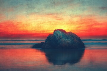 Serene sunset over a solitary rock in the ocean, reflecting vibrant colors.