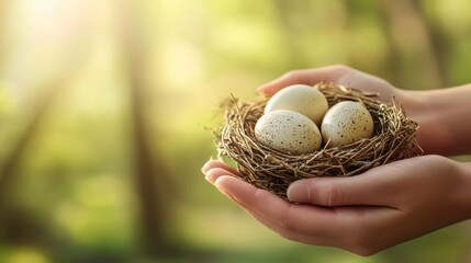 Hands gently holding a bird's nest with speckled eggs, bathed in soft sunlight against a blurred green background.