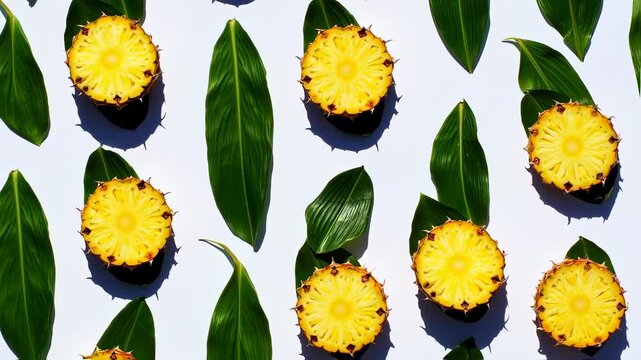 Sliced pineapples and green leaves arranged symmetrically on a white background
