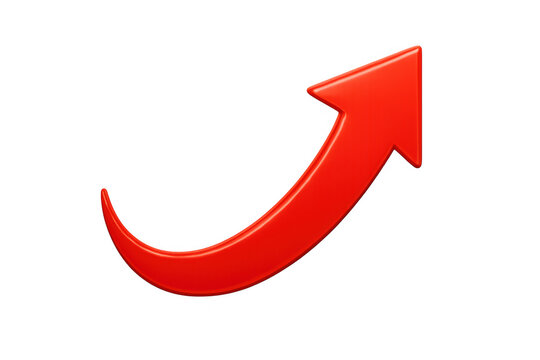 Red curved 3d arrow rising, representing business growth, positive trajectory against transparent backdrop
