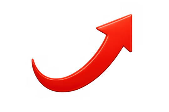 Red curved 3d arrow rising, representing business growth, positive trajectory against transparent backdrop