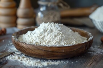 White flour resting in a wooden bowl with other baking ingredients blurred in the background, creating a cozy and inviting culinary scene