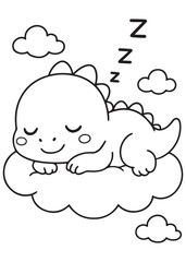 Coloring book dinosaur sleeping peacefully on a cloud.