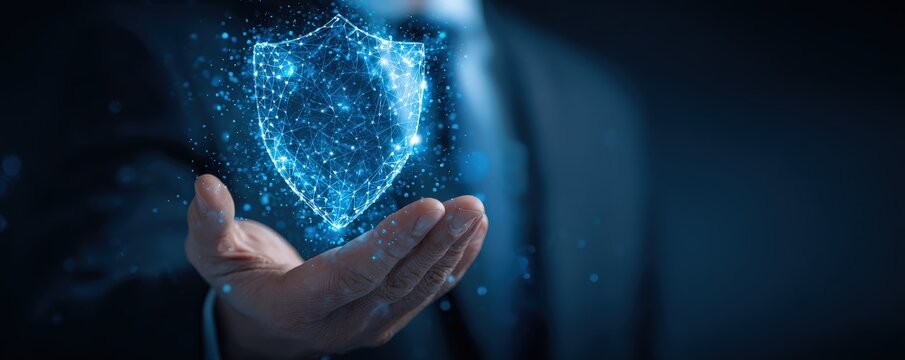 A digital shield hologram floats above an outstretched hand, symbolizing cybersecurity and data protection in a futuristic blue-toned setting.