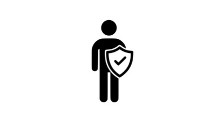 Person with a shield, check mark on the shield black and white icon