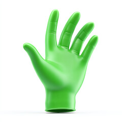 Obraz premium A bright green rubber glove displayed upright with fingers spread, isolated on a white background, highlighting its smooth texture and flexibility