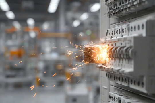 Electrical sparks erupt from a circuit breaker in an industrial control panel, indicating a short circuit or electrical fault in a factory setting