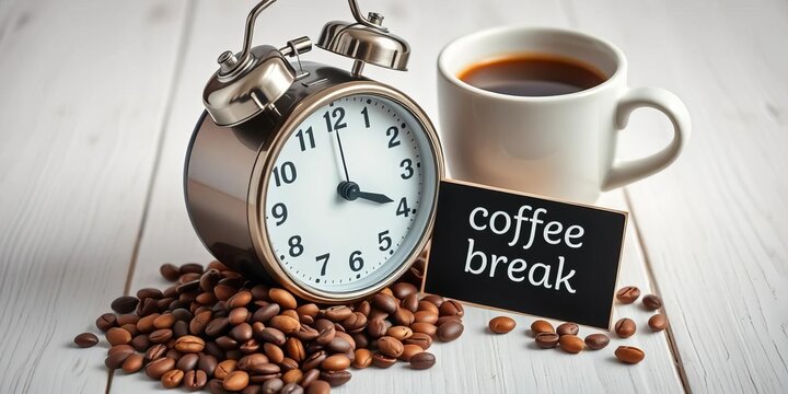 Beans shaped as alarm clock near coffee cup & "coffee break" card on white wood,  rustic,   visual