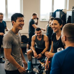 Happy athletes laughing and chatting together inside a bright gym locker room after workout
