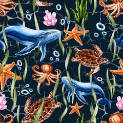 Marine world, marine animals on a blue background, watercolor seamless pattern