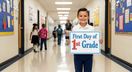 Fototapeta premium Boy holding first day of first grade sign in school hallway with other students and teacher visible