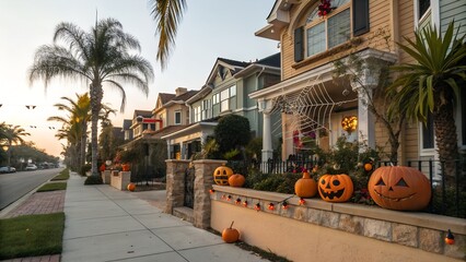 Victorian homes adorned with halloween pumpkins and decorations on a sidewalk
