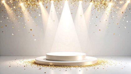 Elegant white podium with golden spotlights and confetti