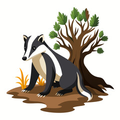 Adorable Badger Cartoon Illustration: Sitting near Tree, Nature Scene, Childrens Book Style © shovonlal