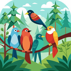 Vibrant Colorful Birds on Branch, Flat Design, Happy Forest Scene Illustration