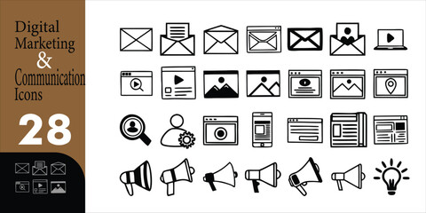 Digital Marketing and Communication Line Icons, 28 Editable Email, Media, and Promotion Symbols