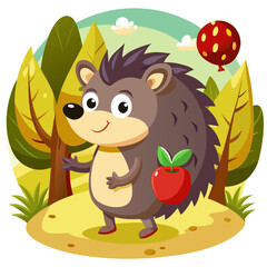 Adorable Cartoon Hedgehog with Apple in Autumn Forest Scene: Cheerful, Playful Illustration