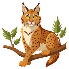 Serene Eurasian Lynx Sitting on Branch, Cartoon Style, Wildlife Illustration