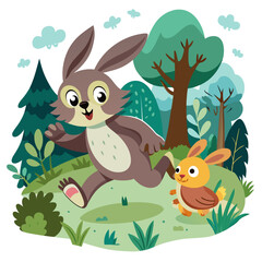 Happy Cartoon Rabbits Running in a Spring Forest Illustration