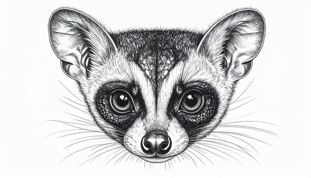 Detailed Black and White Bush Baby Galago Illustration, Animal Portrait, Engraved Style