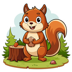 Adorable Cartoon Squirrel Holding Nut, Happy Forest Scene, Childrens Illustration