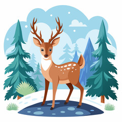 Adorable Cartoon Deer in Snowy Winter Forest;  Charming, Festive Illustration.