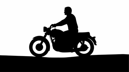 Silhouette of a motorcyclist riding a motorcycle on a flat surface against a white background shown here