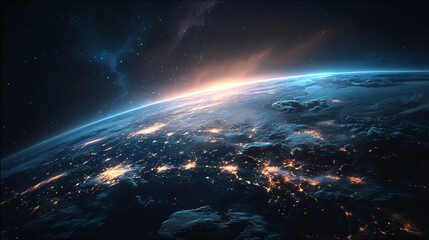 View of Earth from space at night, showing illuminated city lights, clouds, and a glowing horizon against a backdrop of stars in the dark universe