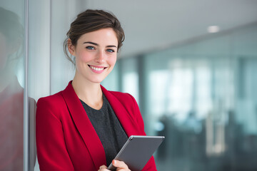 Young professional woman in red blazer smiling while holding a tablet in a modern office setting with glass walls and blurred background
