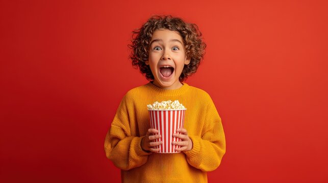 A young child with curly hair excitedly holds a large striped popcorn bucket against a vibrant red background.
