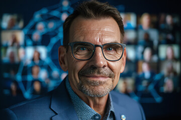 Confident middle-aged man wearing glasses and a blue suit stands in front of a digital network display connecting blurred faces in a professional setting