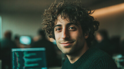 Young man with curly hair smiles confidently in a blurred office setting, with a computer screen displaying code in the background, suggesting a tech or programming environment